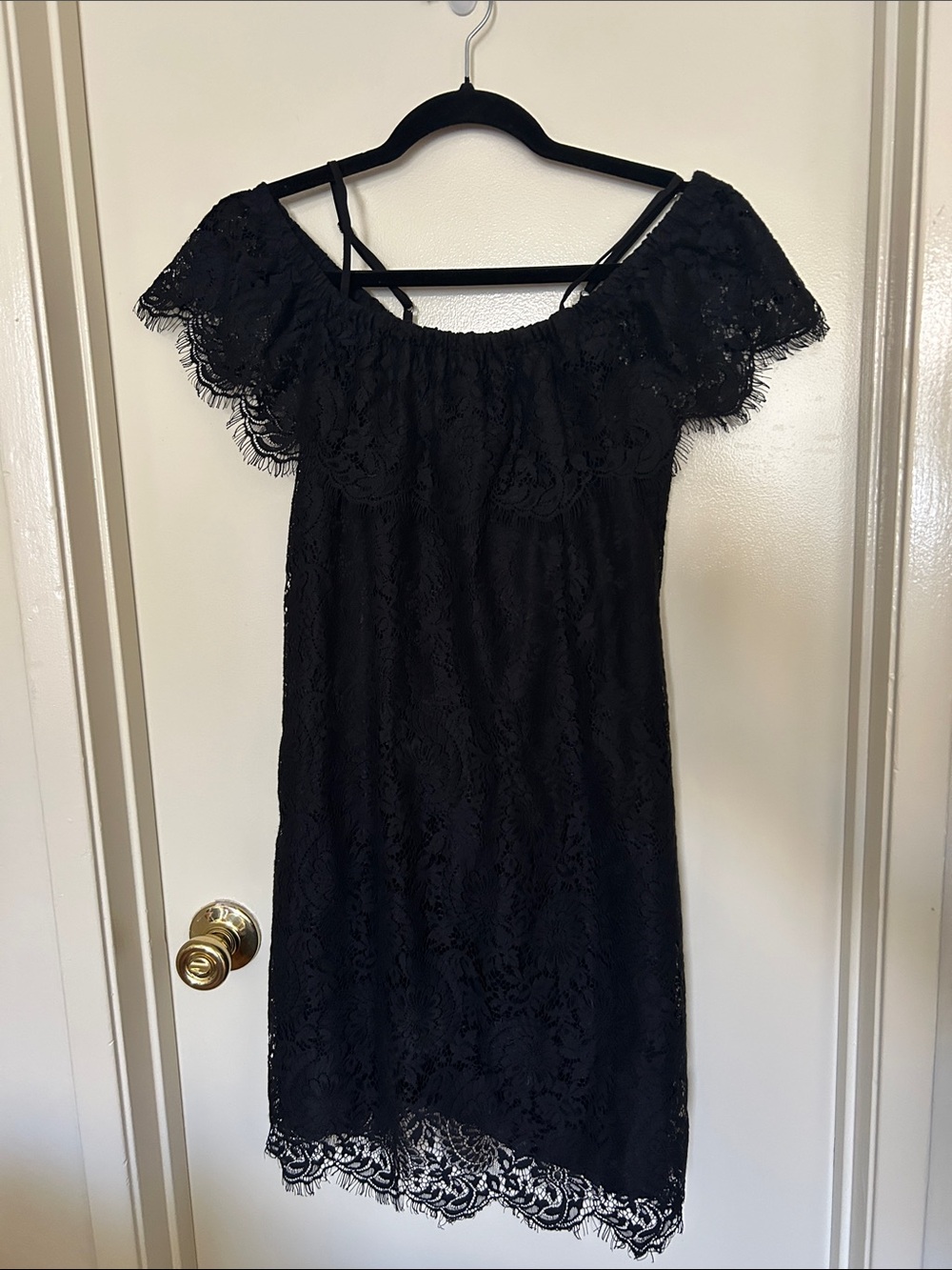 Madewell Black Lace Off-Shoulder Mini Dress with Straps